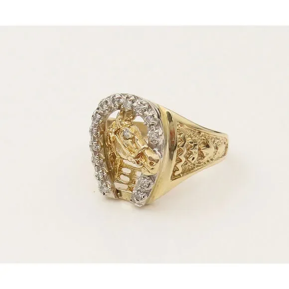 14K GOLD Vintage Good Luck Horseshoe Round Cut Diamonds Ring Sz 10 GR663